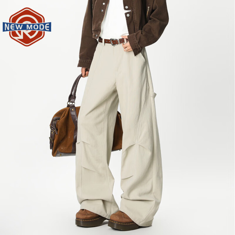 NEW OR MODE美式复古工装休闲裤男春秋潮牌高街褶皱cleanfit宽松直筒微喇长裤 杏色【高品质】 M 【建议90-110斤】