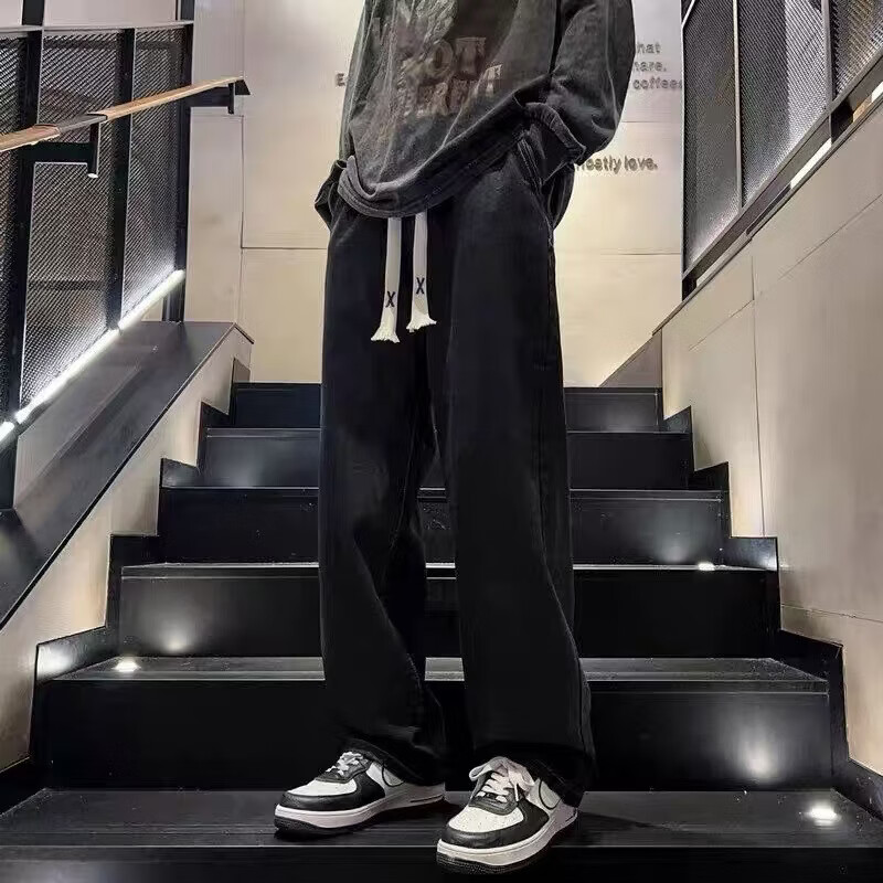 布卡澜琦青年复古春秋季纯色直筒宽松阔腿牛仔裤男美式高街百搭休闲长裤子 015牛仔裤【灰色】 S (建议80-90斤)