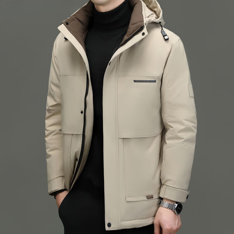 丨利郎丨中长版服男装冬季新款中年男士休闲保暖可脱卸帽外套 卡其 4XL 195/112A