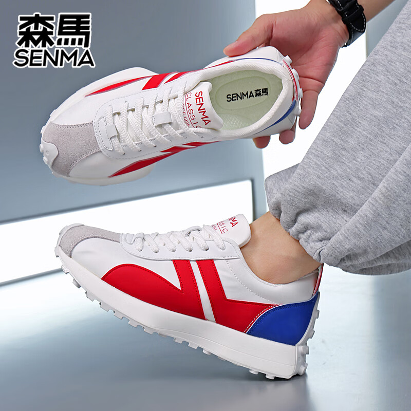 森馬(senma)男士厚底舒适跑步鞋低帮防滑轻便阿甘鞋时尚百搭休闲鞋 白兰红 43