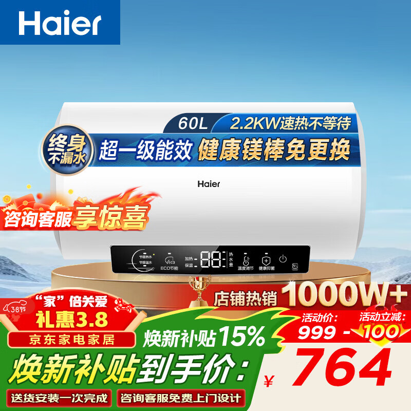 海尔（Haier）热水器60升电热水器【咨询客服享补贴】镁棒免更换2200W速热 超一级能效家用储水式大水量R3 60L 2200W 【性价比首选热销1000W+】R3
