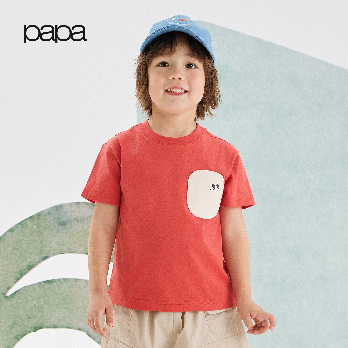 papa爬爬儿童t恤短袖夏季宝宝上衣男童t恤女童衣服纯棉口袋造型 红色 120