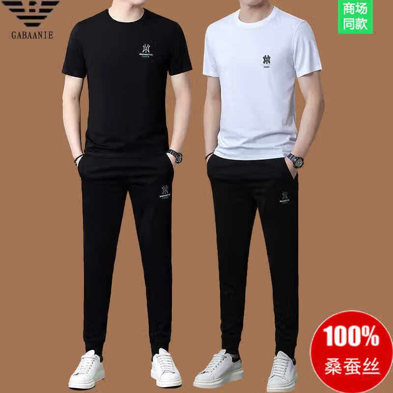 GABBANIE正品名牌夏季桑蚕丝短袖t恤运动套装男士休闲长裤两件套潮 国际一线品牌18913黑色短袖+长裤 M 165__建议90斤-122斤穿