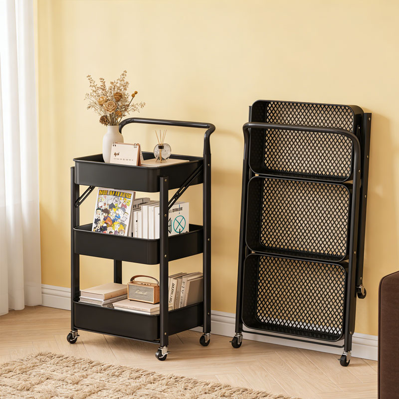 简友探可折叠易安装小推车杂物书本客厅小户型空间储物宿舍收纳置物架子 可折叠 3层 无扶手 蓝色