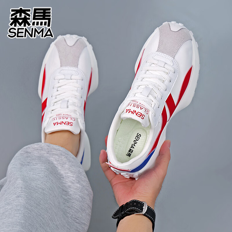 森馬(senma)男士厚底舒适跑步鞋低帮防滑轻便阿甘鞋时尚百搭休闲鞋 白兰红 43