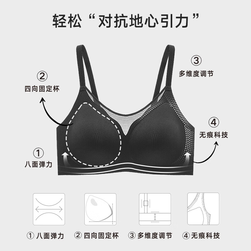 曼妮芬【芒果杯】女士无痕内衣智慧尺码无钢圈文胸超薄隐形内衣夏季 小波浪-020 黑色 均码 (90-130斤/70A-80C)