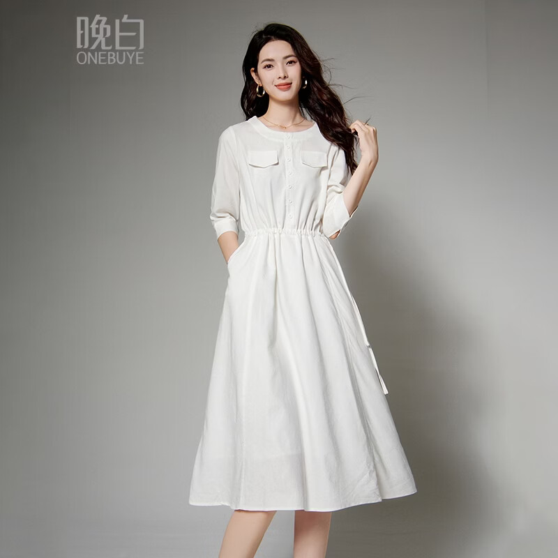 晚白【新品】2026年春款时尚棉麻裙子系带收腰气质减龄中袖连衣裙 白色 XL