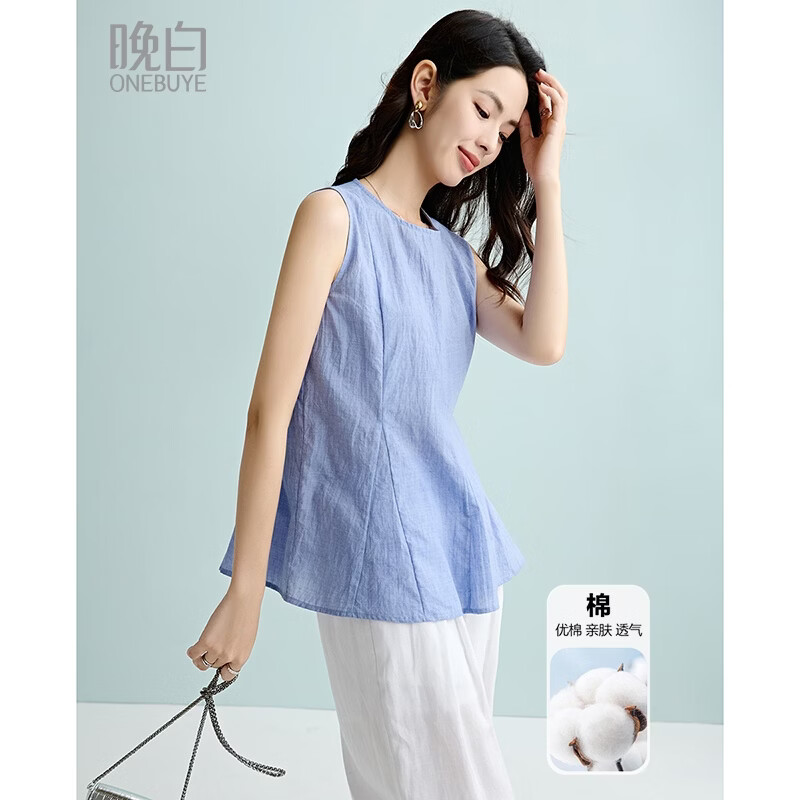 晚白【新品】2026年春款圆领休闲韩系上衣亲肤舒适棉质无袖衬衫女 蓝色 M