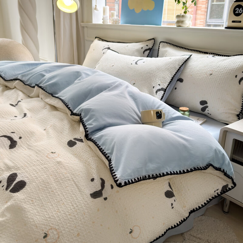 水星家纺水洗棉床上四件套纯棉超柔裸睡被套床单被罩四件套床上用品 苏潘达灰 床笠款 1.8m四件套-被套220*240