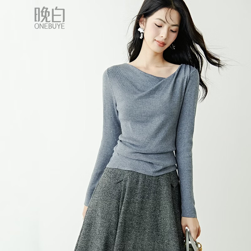 晚白【新品】2026春款时尚优雅格雷灰荡领毛衣褶皱修身舒适针织衫女 灰色 L