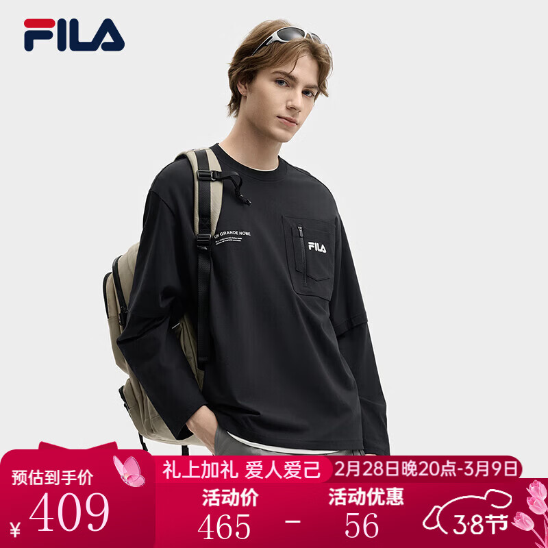 FILA 斐乐官方男子针织长袖衫秋季新款休闲简约舒适假两件长T 正黑色-BK M 170/92A/M
