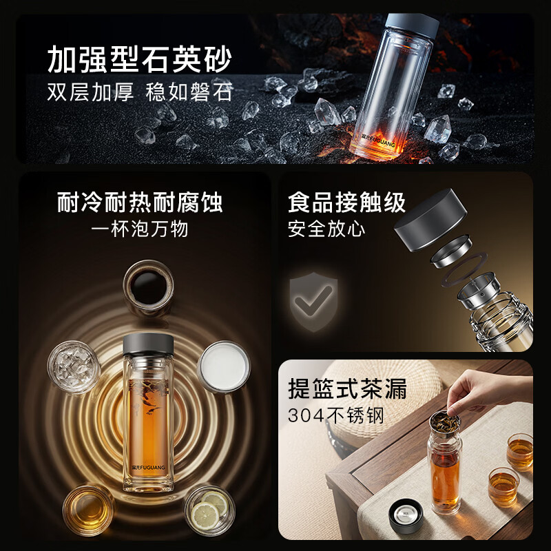 富光双层玻璃杯高硼硅 便携办公隔热杯 茶水分离泡茶杯 双层加厚便携防烫 400ML瓷釉蓝