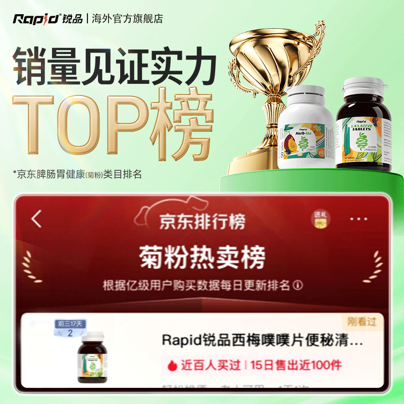 Rapid锐品西梅噗噗片便秘通便润肠排宿便清肠排毒酵素益生元 【轻度便秘适用】周期养护 50粒*3瓶