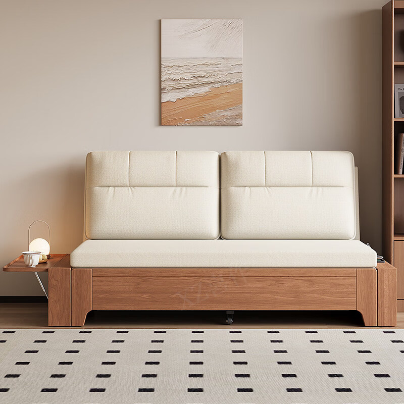 沙发床简约现代多功能两用可折叠小户型客厅家用新款折叠沙发 带储物箱1.5米(乳胶款_米白)原木色