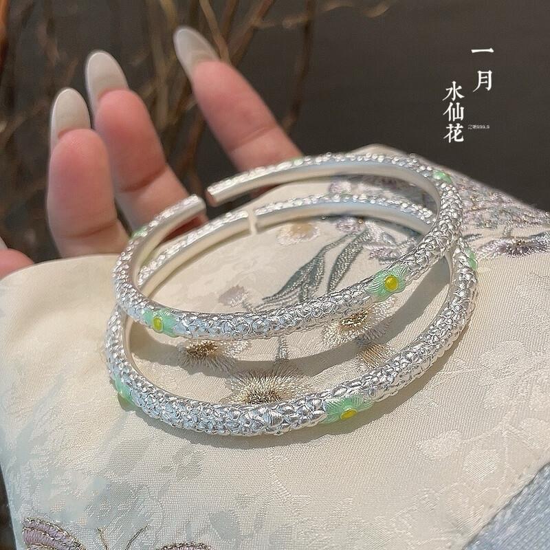 老凰祥s999足银镯子新款十二花神纯银手镯女仙气珐琅彩手环年轻款 一月水仙花丨开口银手镯