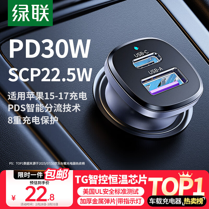 绿联【销量NO1】车载充电器超级快充点烟器转换器插头一拖二PD30W适用苹果17华为小米汽车