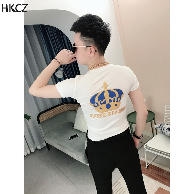 hkcz精神小伙紧身短袖t恤男社会社会人修身半袖男 白色 s