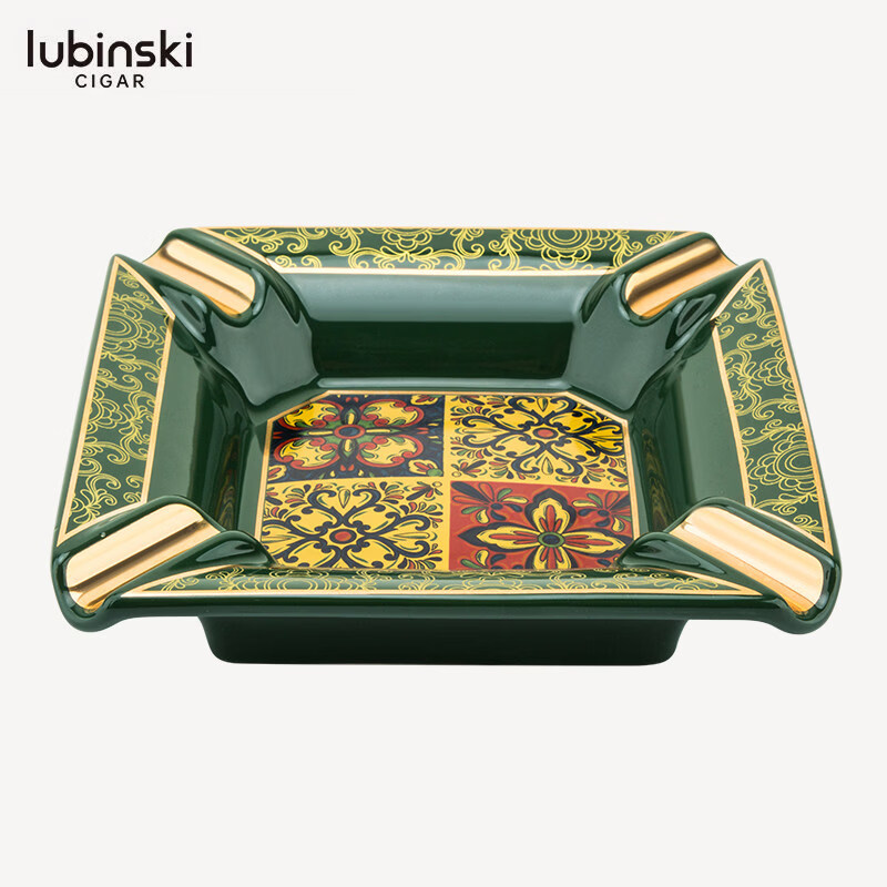 COLIBRI烟具店Lubinski鲁宾斯基雪茄烟灰缸 陶瓷彩绘四槽缸 绿色