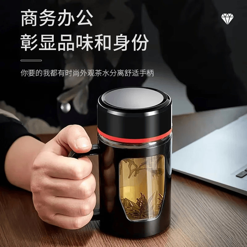 新款玻璃杯商务防爆把手大容量手柄办公室泡茶水杯防摔男女杯子 商务黑500ml