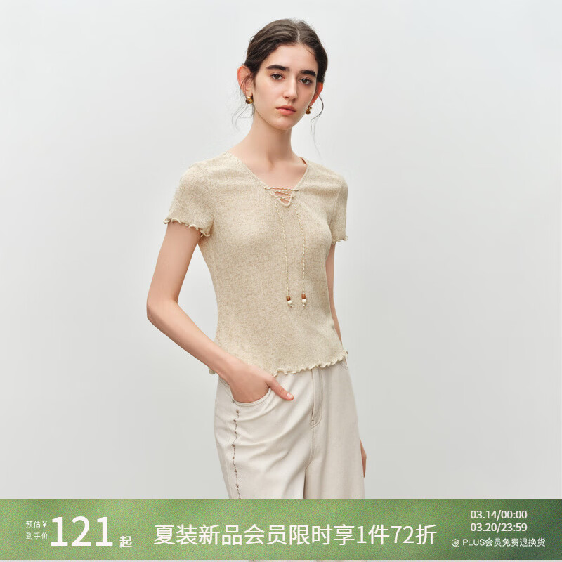 自巧小个子波嬉风串珠系带v领修身针织t恤女2026夏季新款短袖上衣 燕麦色 XXS （尺码：1）