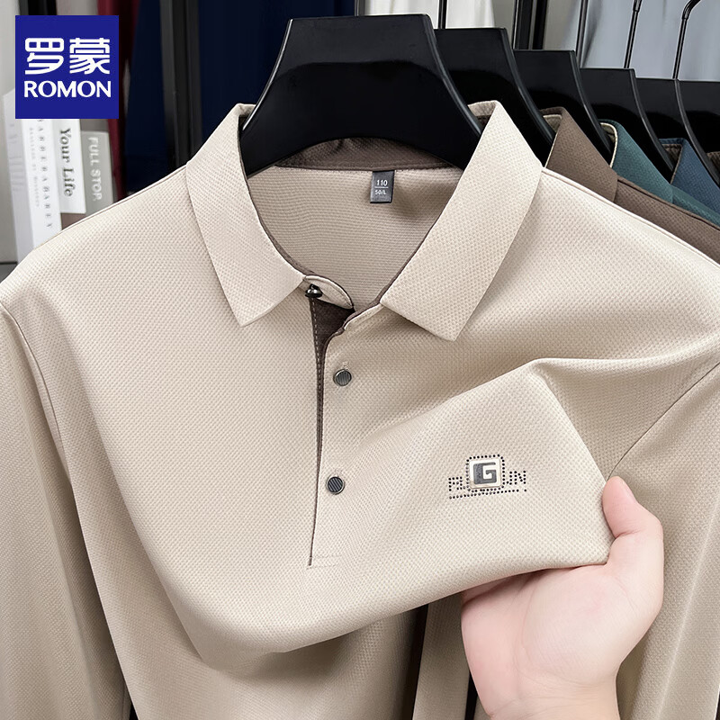 罗蒙（ROMON）长袖t恤男翻领2026春季新款休闲男士翻领打底体恤衫男装上衣 藏青 XL (建议体重130-150斤)