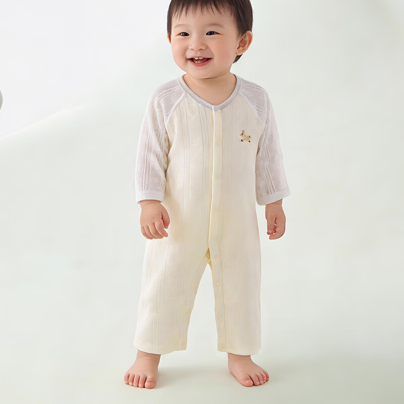 wua·wua婴儿连体衣夏薄款长袖宝宝睡衣纯棉a类婴幼儿衣服春季空调服四季 樱花粉 25度以上 80cm 80 6-12个月