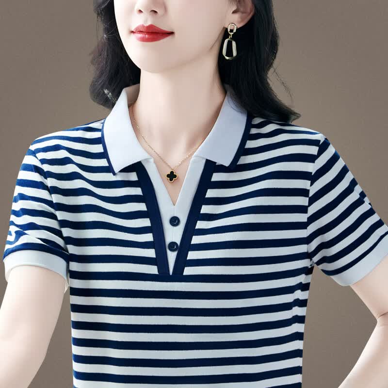 语缦翻领短袖t恤女新款夏季冰丝棉质宽松中年妈上衣条纹短款polo衫T恤 3211安可拉红 4XL (140-150斤)