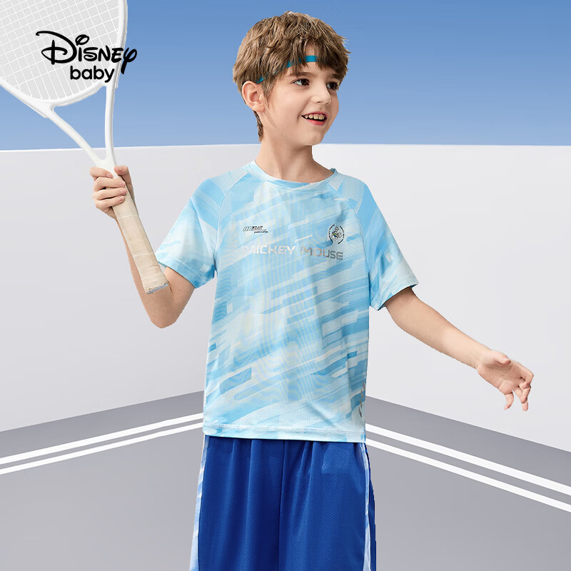 迪士尼（Disney）童装男童速干运动套装夏新款跑步儿童短袖速干两件套夏款上衣短裤 蓝色科技线条【男童】 150 高145-155cm重70-85斤