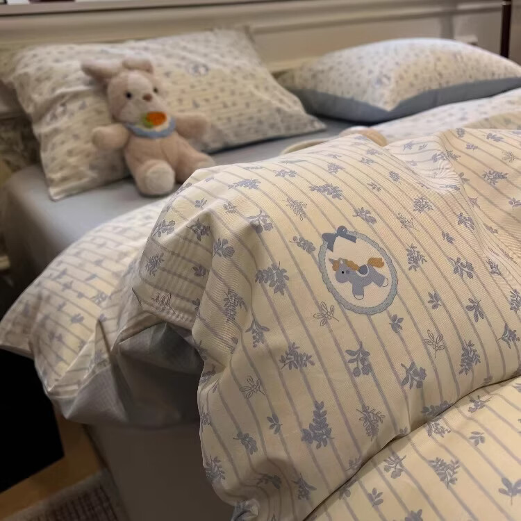 苏萱可爱萌宠猫咪全棉床上四件套卡通纯棉1.5m公寓被套床单三件套床品 蓝花小马 1.8m 床单款 四件套-被套200x230cm