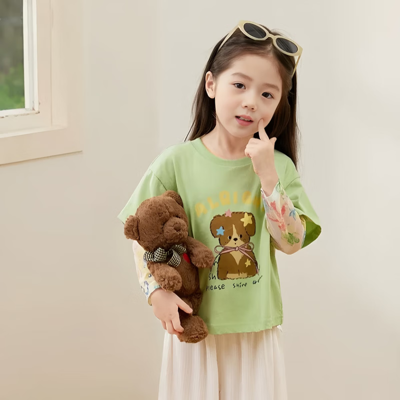 小猪班纳(PEPCO)儿童T恤休闲卡通夏季新款夏天防晒袖假两件女童短袖棉T上衣童装 MTH防晒袖T恤-白色 120