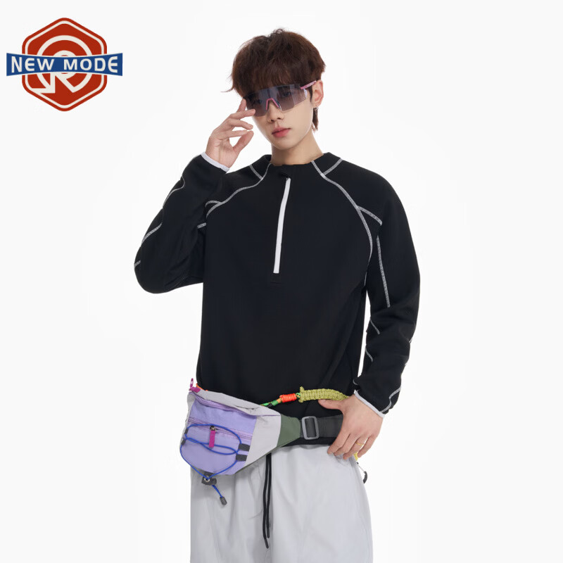 NEW OR MODE美式重磅哈苏线长袖t恤男春夏季高街半拉链上衣运动户外休闲T恤衫 黑色【高品质】 M 【建议90-110斤】