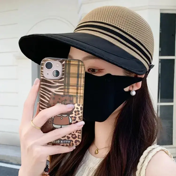 【2026新款高品质】加长帽檐网顶春夏时尚百搭遮阳户外旅游防晒帽 卡其色【帽子+防风绳】