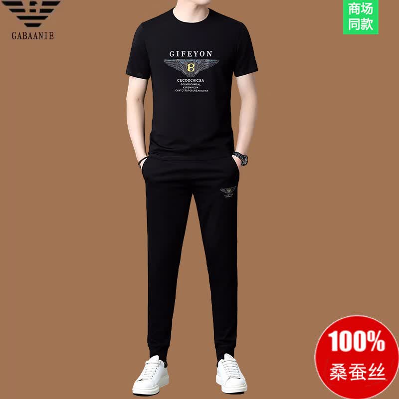 GABBANIE意大利正品高端名牌男士休闲运动套装夏季新款桑蚕丝短袖t恤薄款 国际一线品牌19602黑色短袖+长裤 L 175码建议(140-155斤穿) 京东折扣/优惠券