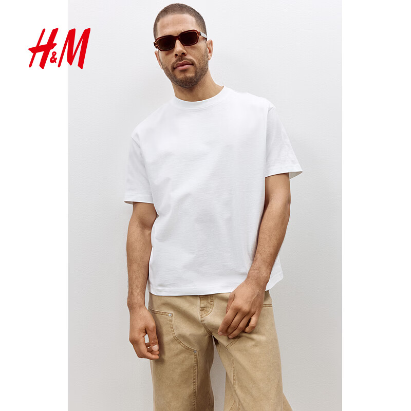 H&amp;M男装女装T恤春季重磅柔软舒适美式潮流情侣装短袖上衣0608945 白色 M 175/100（建议尺码拍小一码）