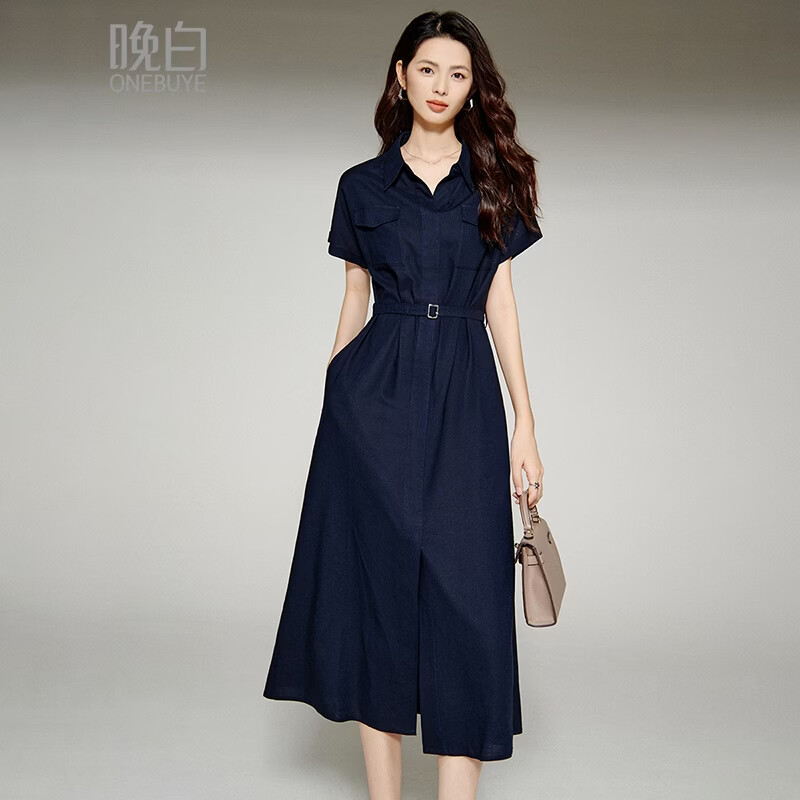 晚白【新品】2026年春夏款V领衬衫裙系带收腰通勤显瘦短袖连衣裙 深蓝色 S