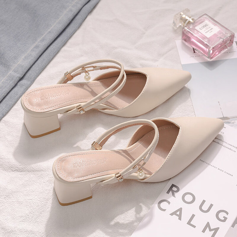 女夏包头中跟2026年夏季新款小码3233尖头法式粗跟 杏色 35