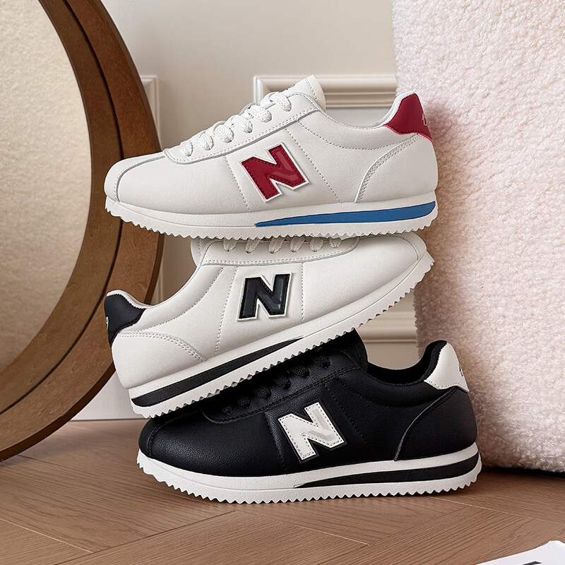 纽巴仑女鞋秋冬新款运动鞋男女同款ins小白鞋皮面防滑跑步复古阿甘鞋 黑色 45