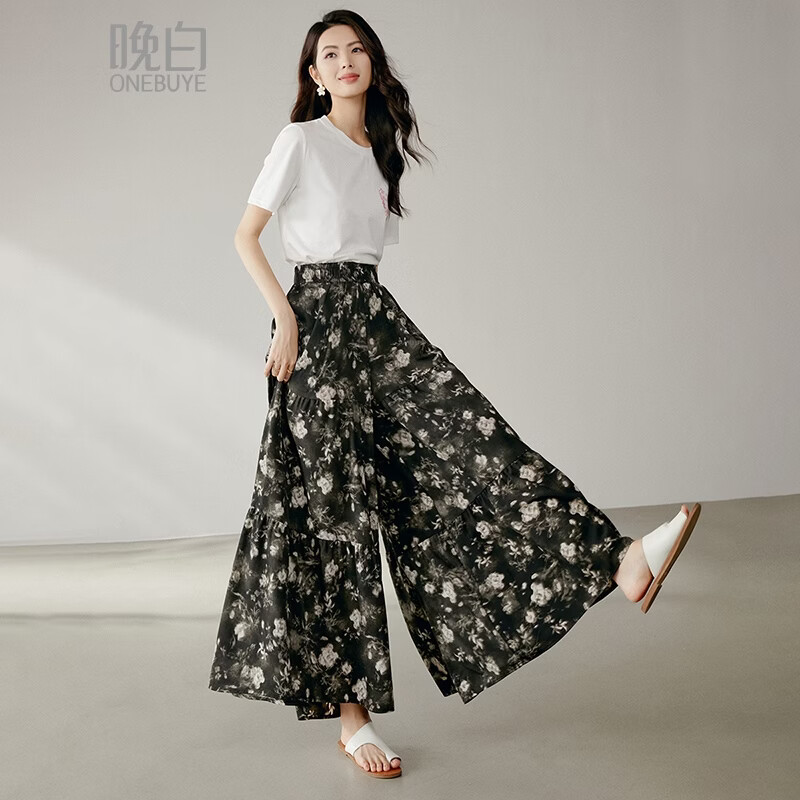 晚白【新品】2026年春新款时尚松紧腰裤子印花宽松阔腿休闲裙裤女 花色 26