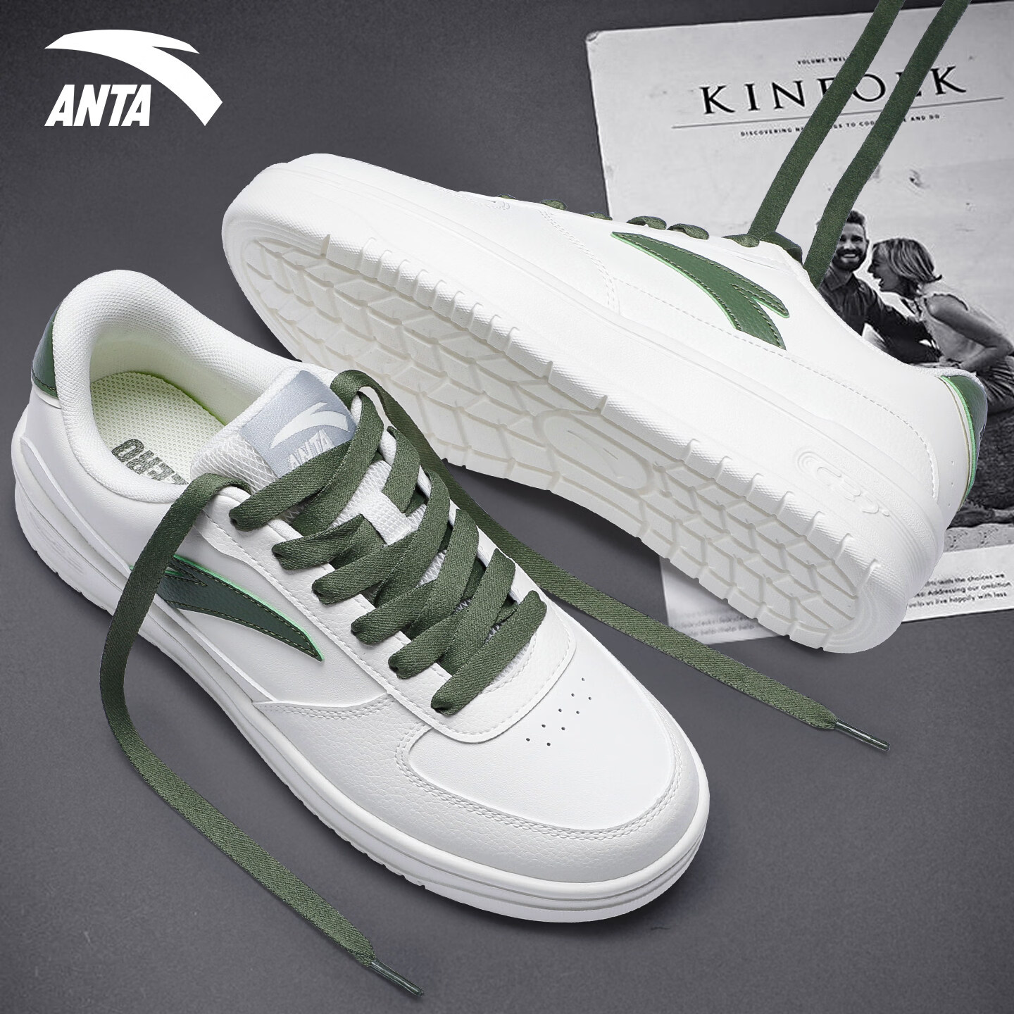 安踏(ANTA)轻程V2板鞋男鞋2026春夏季旗舰新款C37软底厚底休闲小白鞋子 8002-2象牙白/石壳绿 41
