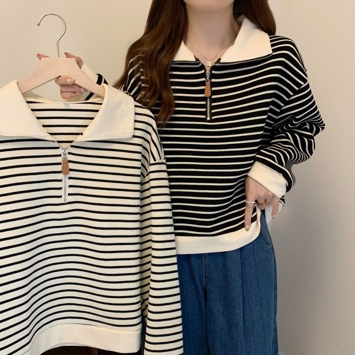 BURQAMARCH女士美式条纹Polo领正肩打底衫春秋季新款宽松半拉链大码长袖上衣 杏色 L 【建议100-120斤】