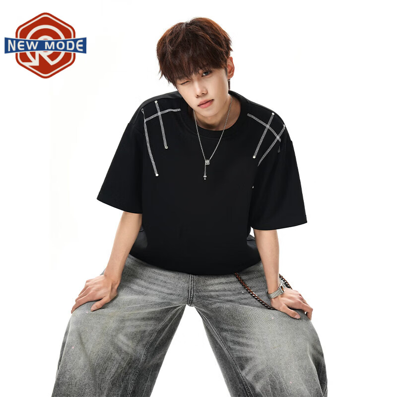 NEW OR MODE重磅哈苏线铆钉短袖t恤男夏季宽松高街痞帅青少年百搭情侣打底衫 黑色【高品质】 XL 【建议125-145斤】