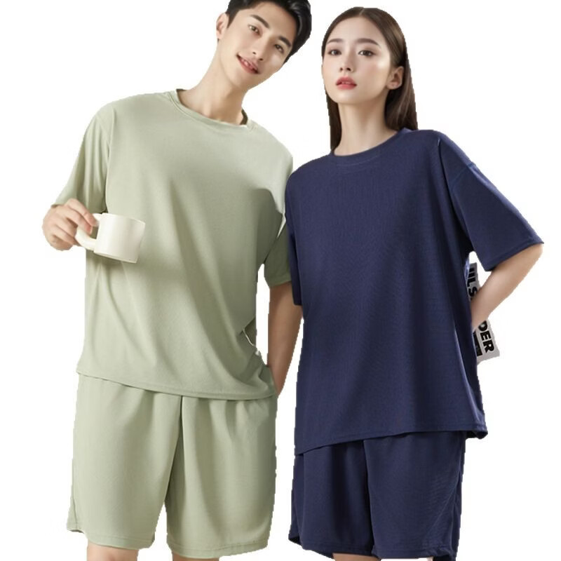 有只绵冰丝华夫格情侣睡衣夏季薄款居家短袖短裤宽松男女家居服套装 黑色 M (男100-115斤/女90-105斤)