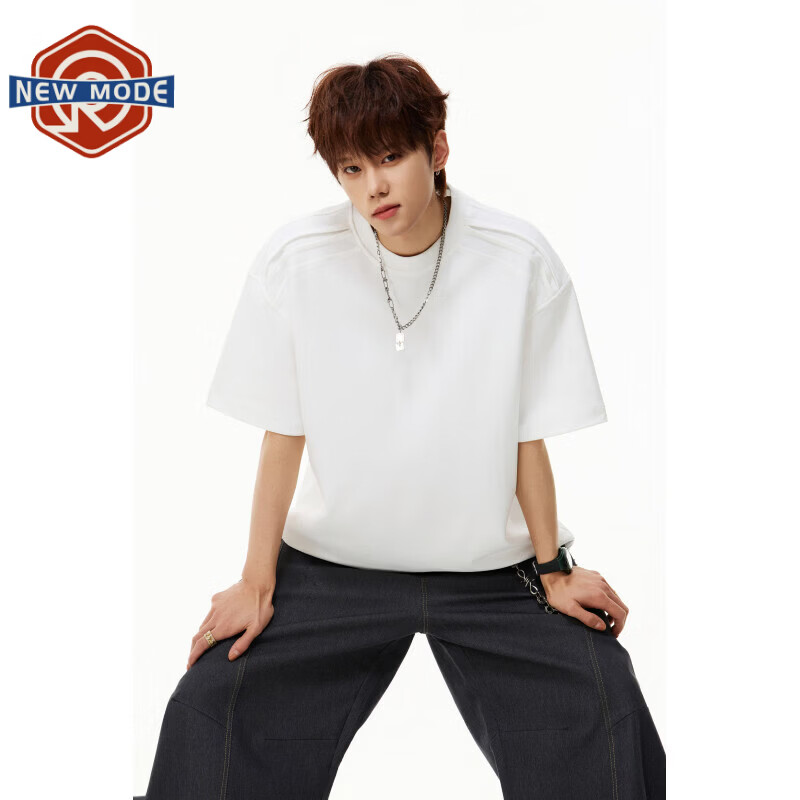 NEW OR MODE重磅褶皱拼接短袖t恤男夏季高街百搭休闲正肩T袖潮牌运动情侣上衣 白色【高品质】 XL 【建议125-145斤】