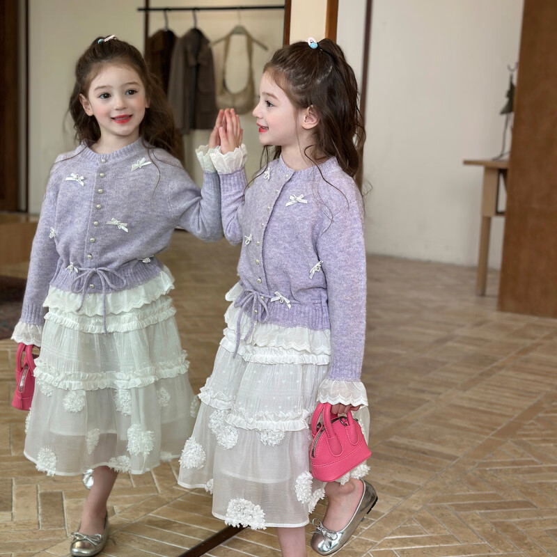 栀了成长记女童装韩版甜美可爱毛衣2026春季儿童温柔花边针织开衫 白色 半身裙 120 cm