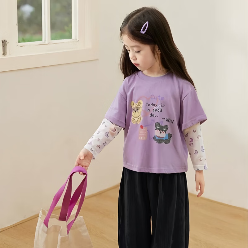 小猪班纳(PEPCO)儿童T恤休闲卡通夏季新款夏天防晒袖假两件女童短袖棉T上衣童装 MTH防晒袖T恤-白色 120