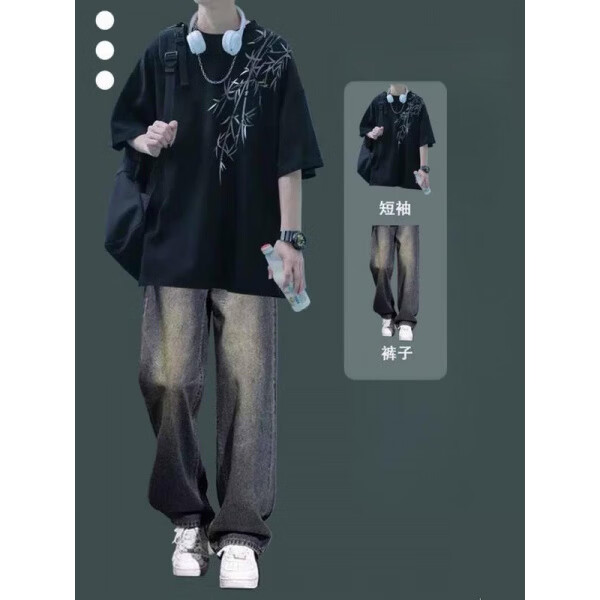 梵姿缇新中式夏日短袖T恤痞帅套装穿搭牛仔裤潮流宽松青少年时尚两件套  【2件】黑色+K20牛仔裤蓝 S