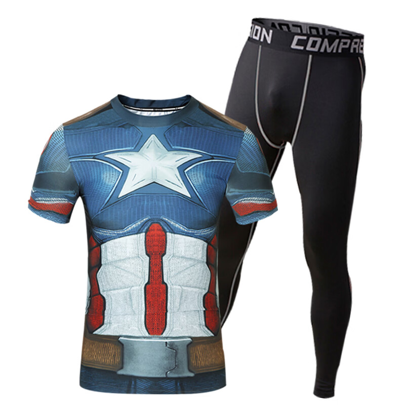 虎迹漫威美国队长紧身衣pro男锻炼健身服训练服速干跑步弹力 蓝红白（短袖） 2XL 建议185斤左右
