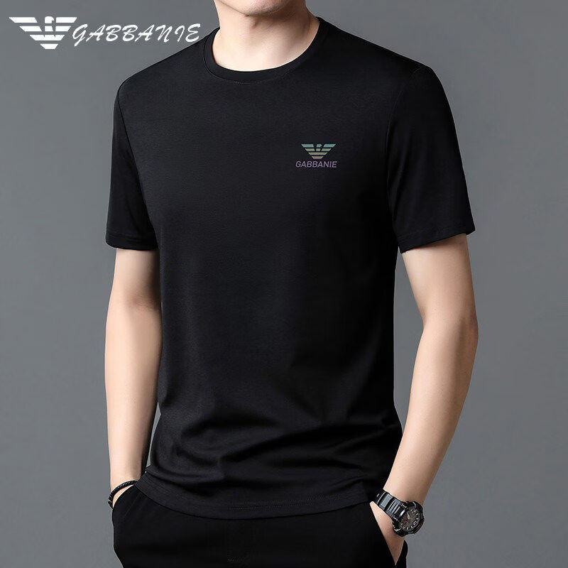 阿玛尼(ARMANI)正品奥特莱斯桑蚕丝短袖T恤男圆领高档休闲丝光棉半袖速干体恤潮 国际一线品牌10223黑色 M 165__【建议100-120斤】