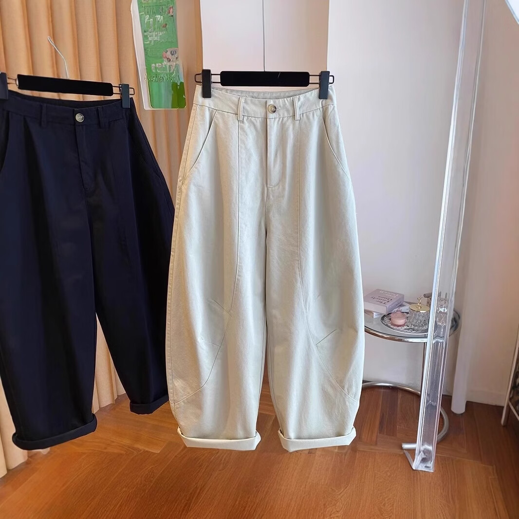 新款阔腿休闲弯刀裤女2026年春秋宽松百搭高腰镰刀裤遮肉显瘦直筒 米杏色 XL 【建议115-130斤】