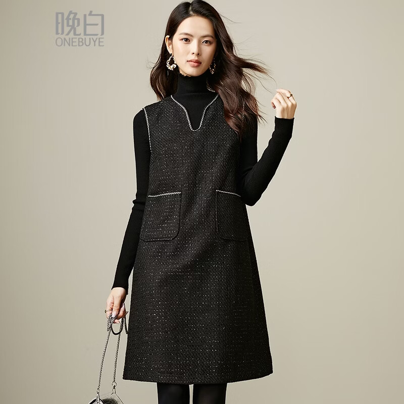 晚白【新品】2026年春款法式小香风V领背心裙宽松挺括叠穿无袖连衣裙 黑色 S